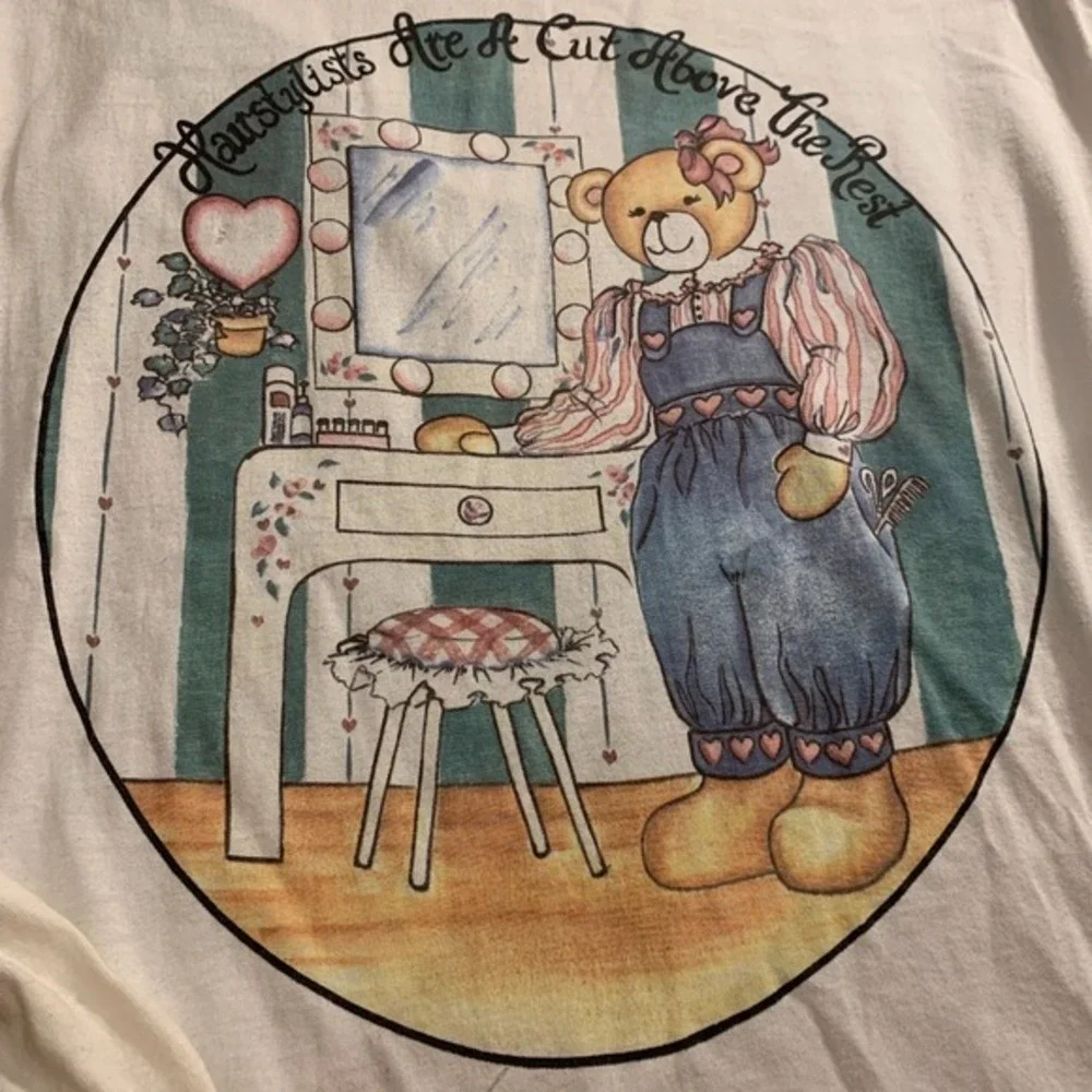 Vintage T-Shirt Tee Long Sleeve Cotton‎ Hairdresser Bear Novelty 90s Mom Large